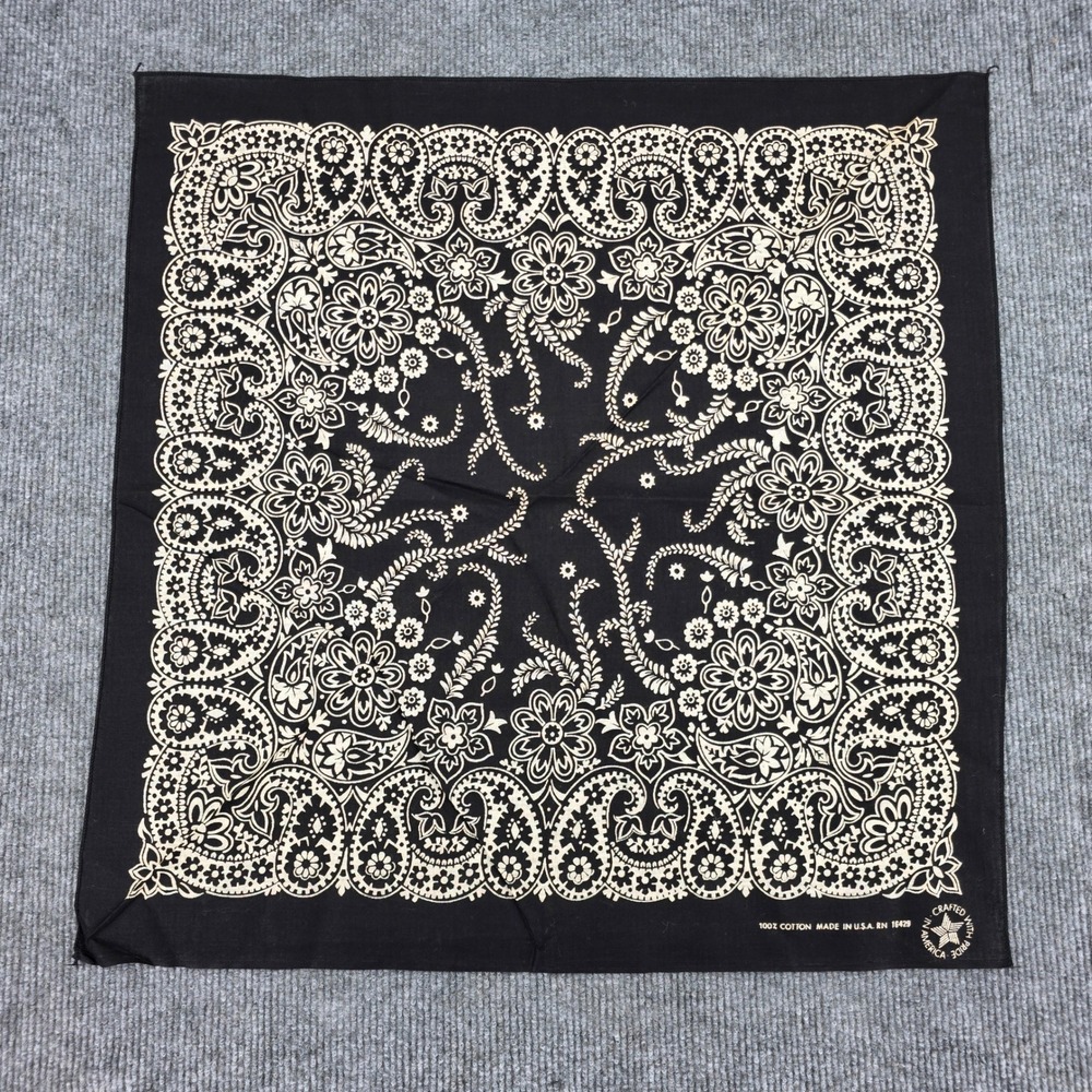 Vintage Black Paisley Bandana 100% Cotton Made in USA RN 16429 Square Scarf